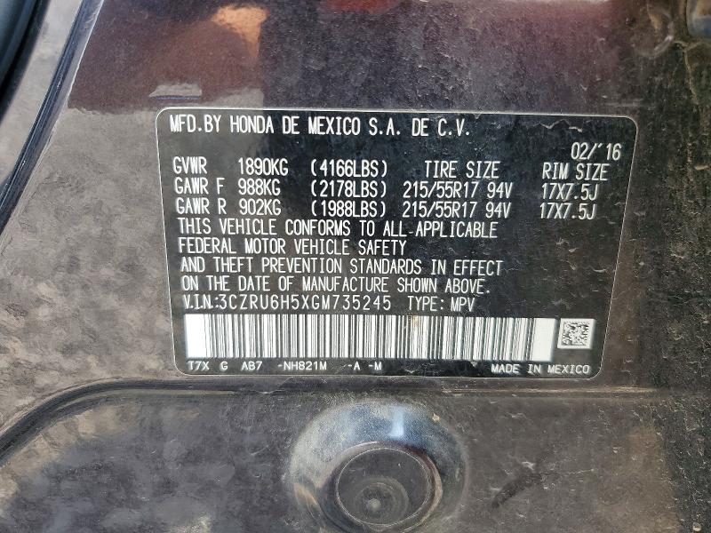 63986516 :رقم المزاد ، 3CZRU6H5XGM735245 vin ، 2016 Honda Hr-v مزاد بيع