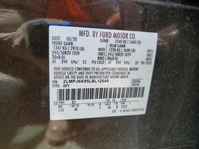 Продаж на аукціоні авто 2020 Lincoln Nautilus, vin: 2LMPJ6K95LBL12649, номер лоту: 65369826