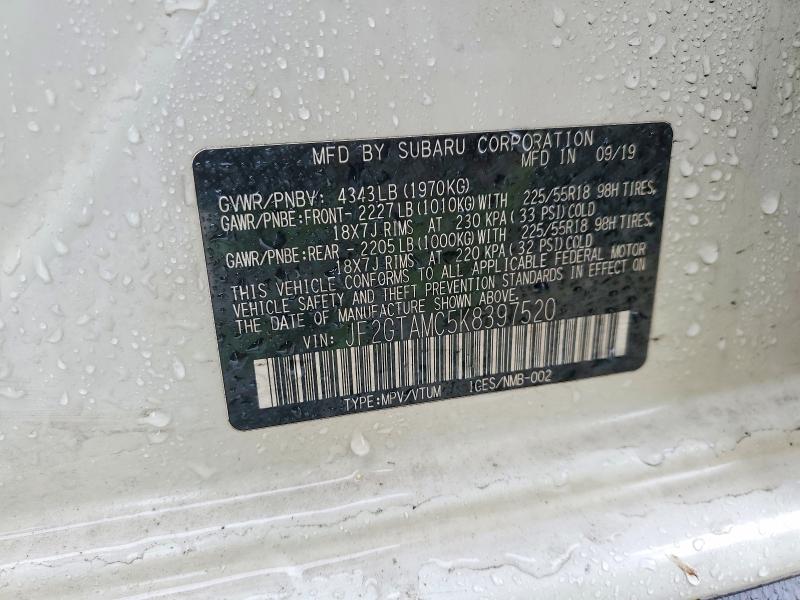 63541046 :رقم المزاد ، JF2GTAMC5K8397520 vin ، 2019 Subaru Crosstrek مزاد بيع