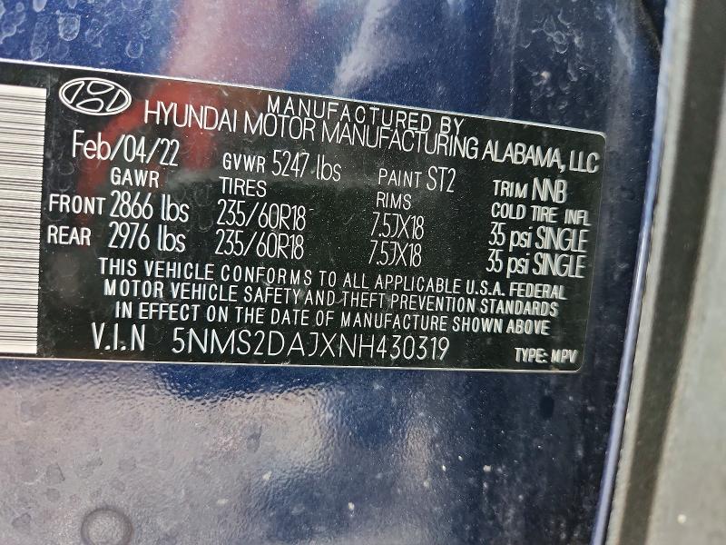 2022 Hyundai Santa Fe მანქანა იყიდება აუქციონზე, vin: 5NMS2DAJXNH430319, აუქციონის ნომერი: 64936896