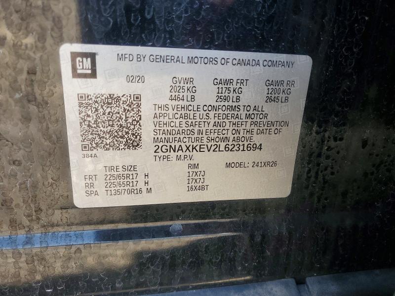 2020 Chevrolet Equinox მანქანა იყიდება აუქციონზე, vin: 2GNAXKEV2L6231694, აუქციონის ნომერი: 66216816