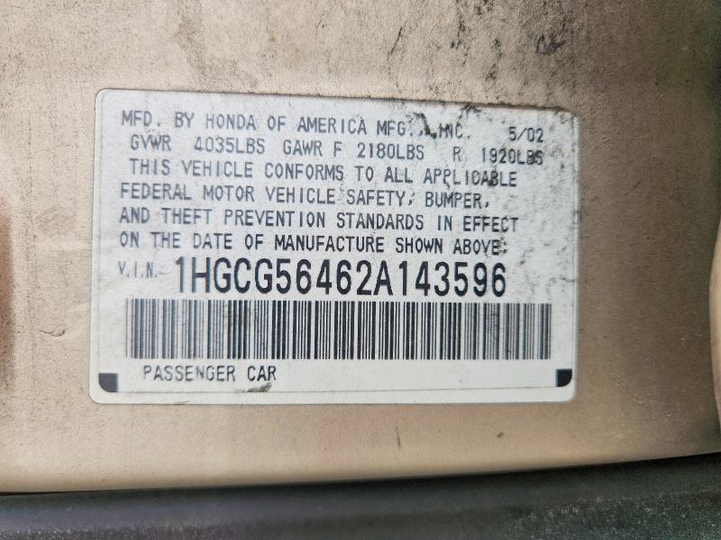 65843276 :رقم المزاد ، 1HGCG56462A143596 vin ، 2002 Honda Accord مزاد بيع