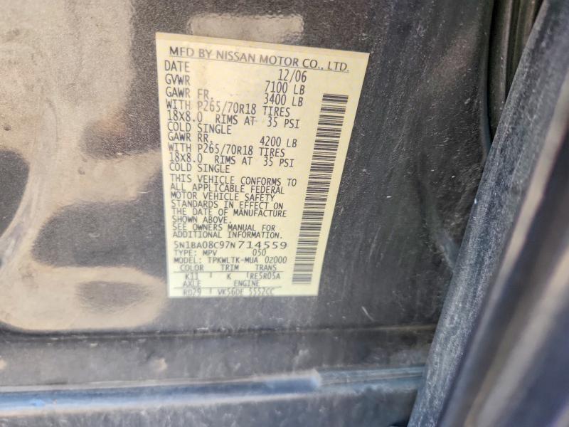 2007 Nissan Armada მანქანა იყიდება აუქციონზე, vin: 5N1BA08C97N714559, აუქციონის ნომერი: 62983146