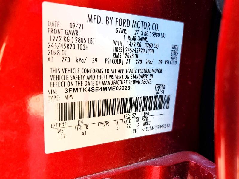 Продажа на аукционе авто 2021 Ford Mustang Mach-e, vin: 3FMTK4SE4MME02223, номер лота: 64695866