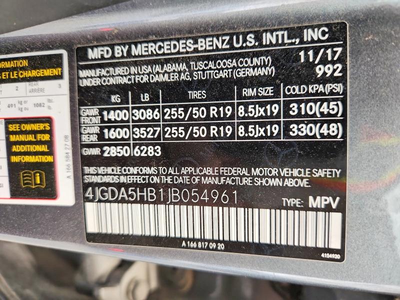 63679856 :رقم المزاد ، 4JGDA5HB1JB054961 vin ، 2018 Mercedes-benz Gle مزاد بيع