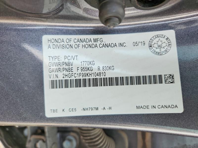 Продажа на аукционе авто 2019 Honda Civic, vin: 2HGFC1F99KH104810, номер лота: 64542726