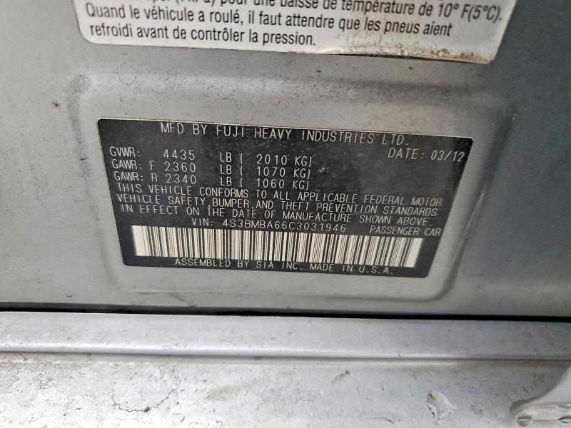 65701456 :رقم المزاد ، 4S3BMBA66C3031946 vin ، 2012 Subaru Legacy مزاد بيع