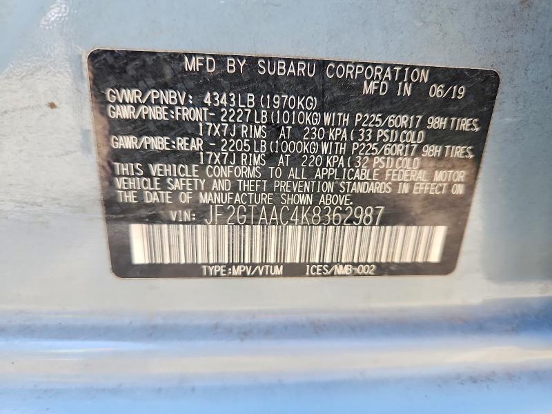 Aukcja sprzedaży 2019 Subaru Crosstrek, vin: JF2GTAAC4K8362987, numer aukcji: 65928426
