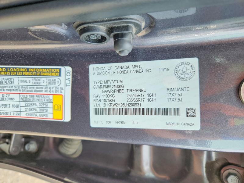 63508016 :رقم المزاد ، 2HKRW2H26LH200931 vin ، 2020 Honda Cr-v مزاد بيع