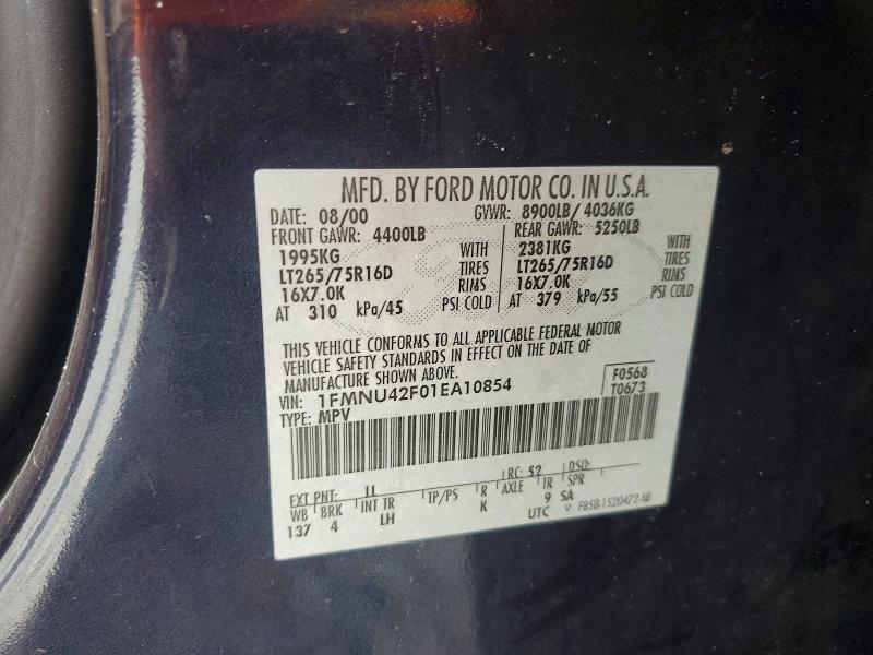 2001 Ford Excursion მანქანა იყიდება აუქციონზე, vin: 1FMNU42F01EA10854, აუქციონის ნომერი: 65049626