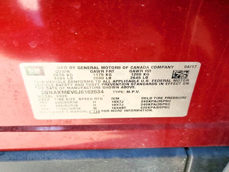 2018 Chevrolet Equinox მანქანა იყიდება აუქციონზე, vin: 2GNAXMEV6J6162534, აუქციონის ნომერი: 66618536