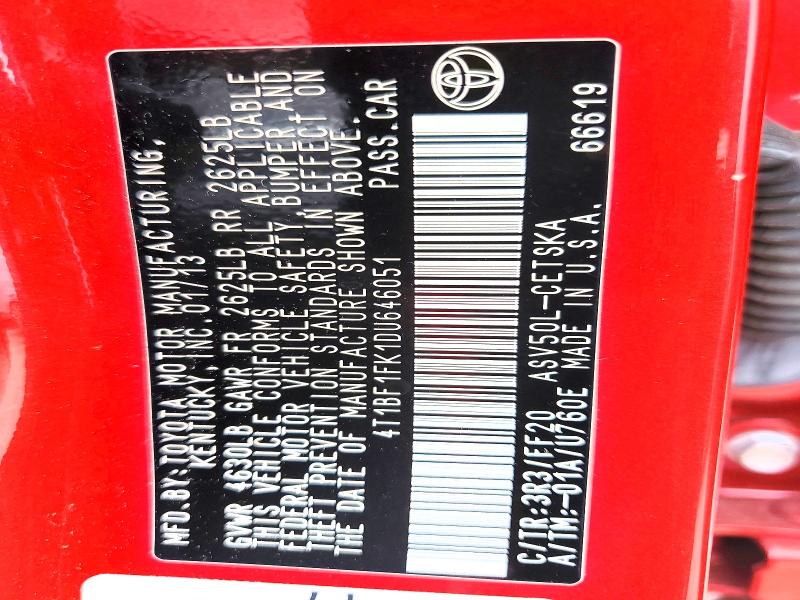 2013 Toyota Camry მანქანა იყიდება აუქციონზე, vin: 4T1BF1FK1DU646051, აუქციონის ნომერი: 63131876