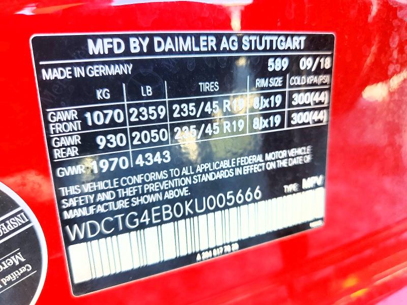 Aukcja sprzedaży 2019 Mercedes-benz Gla, vin: WDCTG4EB0KU005666, numer aukcji: 64674426