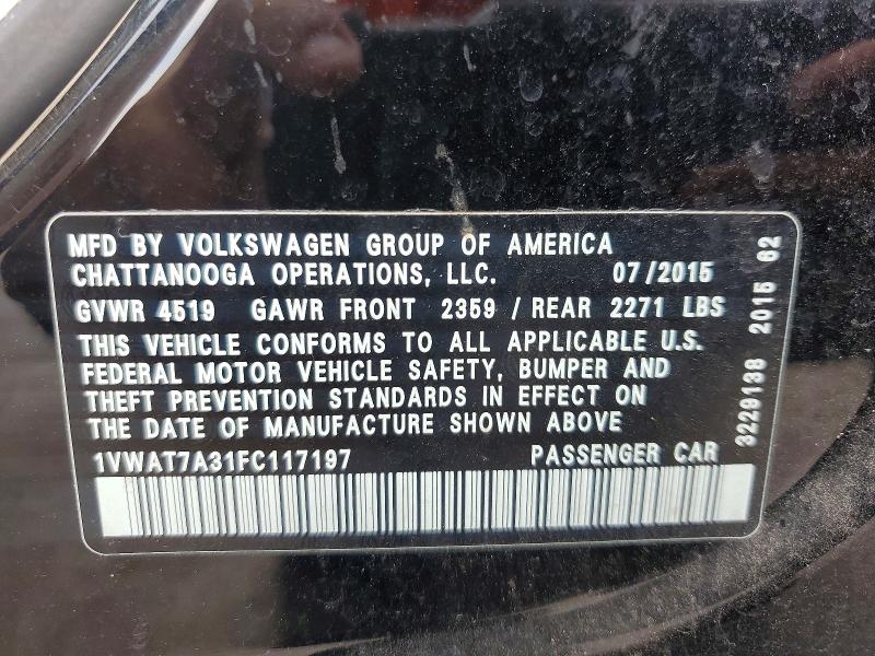 66299136 :رقم المزاد ، 1VWAT7A31FC117197 vin ، 2015 Volkswagen Passat مزاد بيع