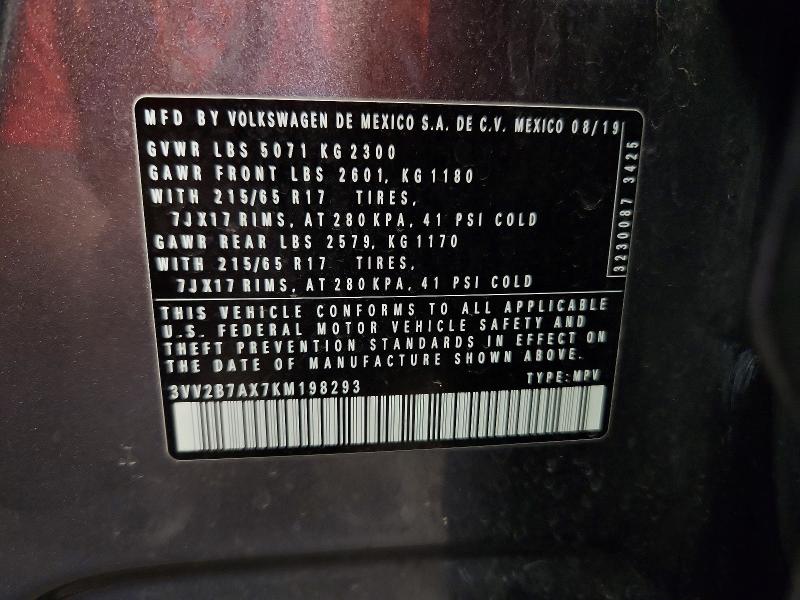 2019 Volkswagen Tiguan მანქანა იყიდება აუქციონზე, vin: 3VV2B7AX7KM198293, აუქციონის ნომერი: 66615036