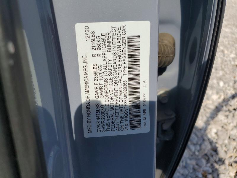 2021 Honda Accord მანქანა იყიდება აუქციონზე, vin: 1HGCV1F33MA029368, აუქციონის ნომერი: 65024556