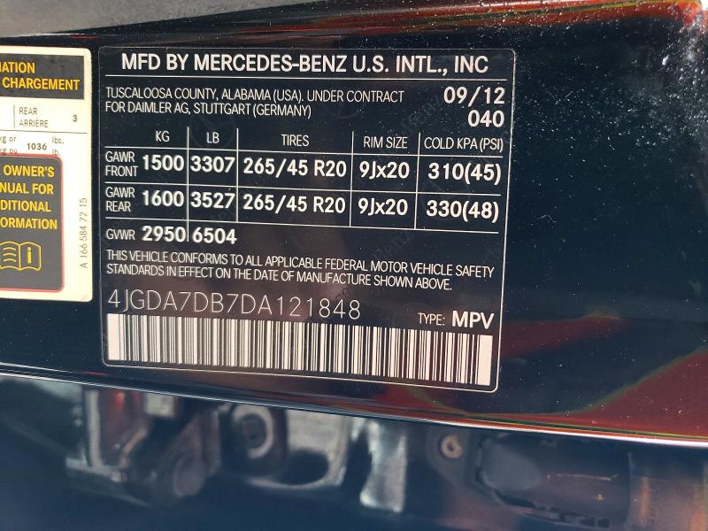 64663956 :رقم المزاد ، 4JGDA7DB7DA121848 vin ، 2013 Mercedes-benz Ml مزاد بيع