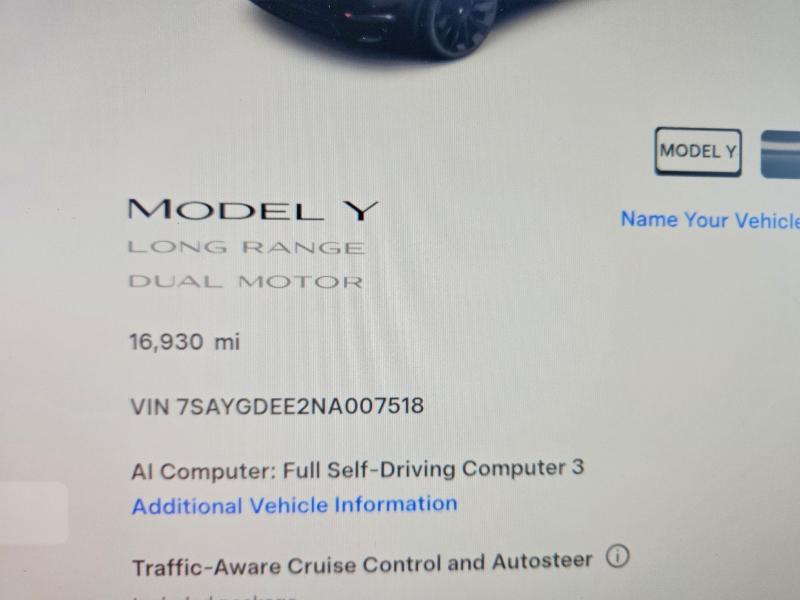 2022 Tesla Model Y მანქანა იყიდება აუქციონზე, vin: 7SAYGDEE2NA007518, აუქციონის ნომერი: 63572326