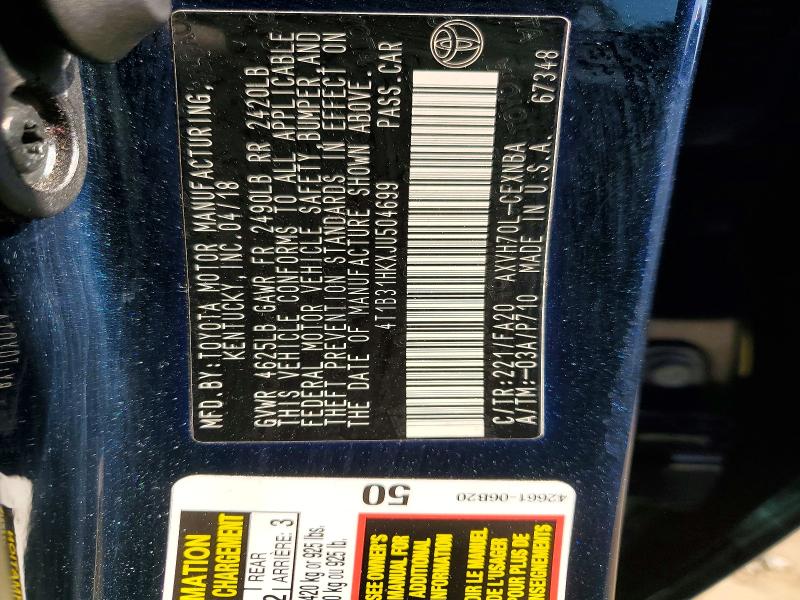 2018 Toyota Camry მანქანა იყიდება აუქციონზე, vin: 4T1B31HKXJU504699, აუქციონის ნომერი: 65392836