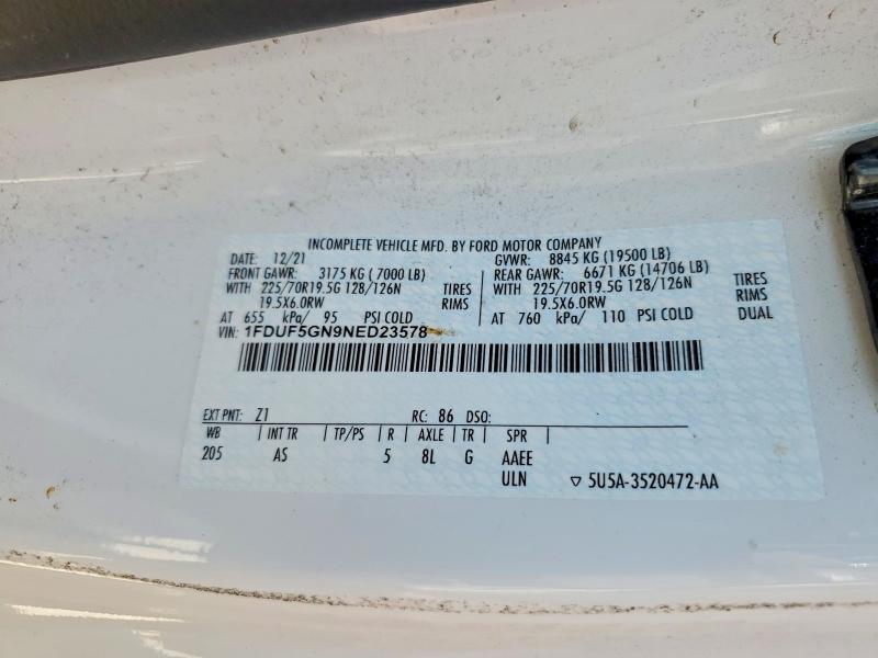 2022 Ford F550 მანქანა იყიდება აუქციონზე, vin: 1FDUF5GN9NED23578, აუქციონის ნომერი: 65687656