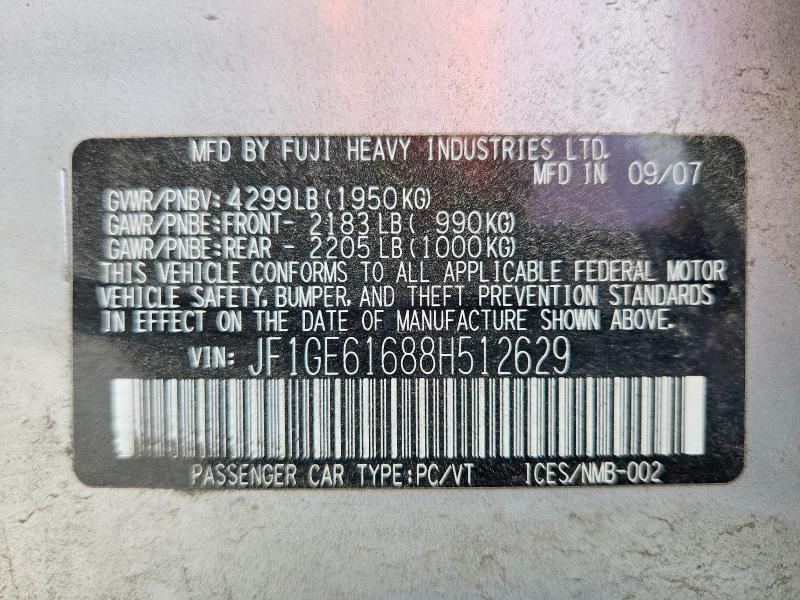 2008 Subaru Impreza მანქანა იყიდება აუქციონზე, vin: JF1GE61688H512629, აუქციონის ნომერი: 64645466