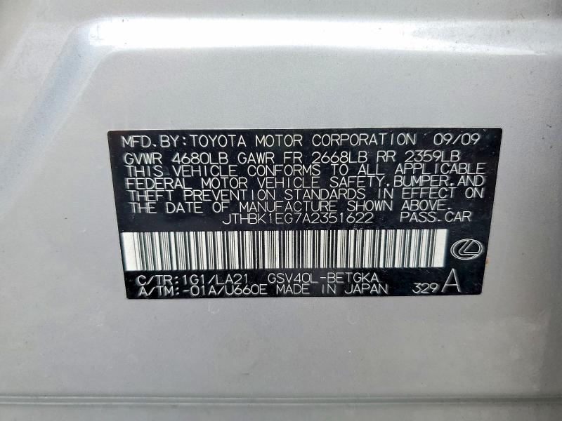 2010 Lexus Es მანქანა იყიდება აუქციონზე, vin: JTHBK1EG7A2351622, აუქციონის ნომერი: 67182076