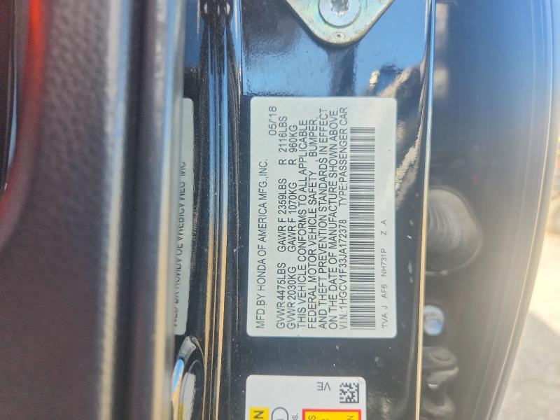 Aukcja sprzedaży 2018 Honda Accord, vin: 1HGCV1F33JA172378, numer aukcji: 66547046