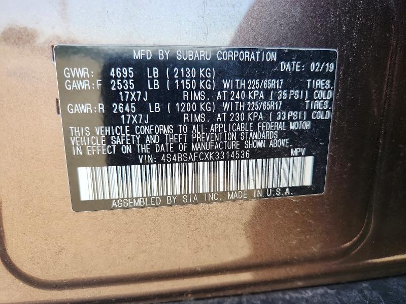 64772096 :رقم المزاد ، 4S4BSAFCXK3314536 vin ، 2019 Subaru Outback مزاد بيع