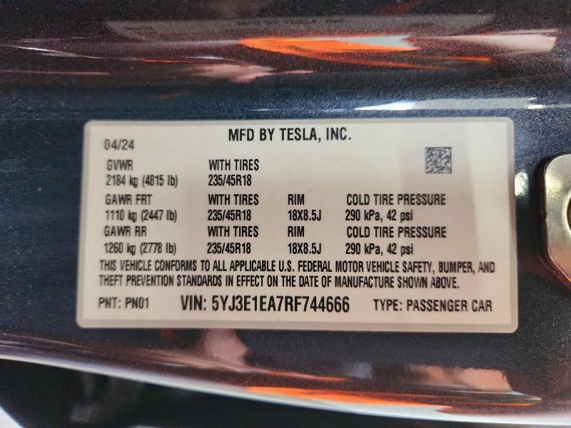 Aukcja sprzedaży 2024 Tesla Model 3, vin: 5YJ3E1EA7RF744666, numer aukcji: 64678186