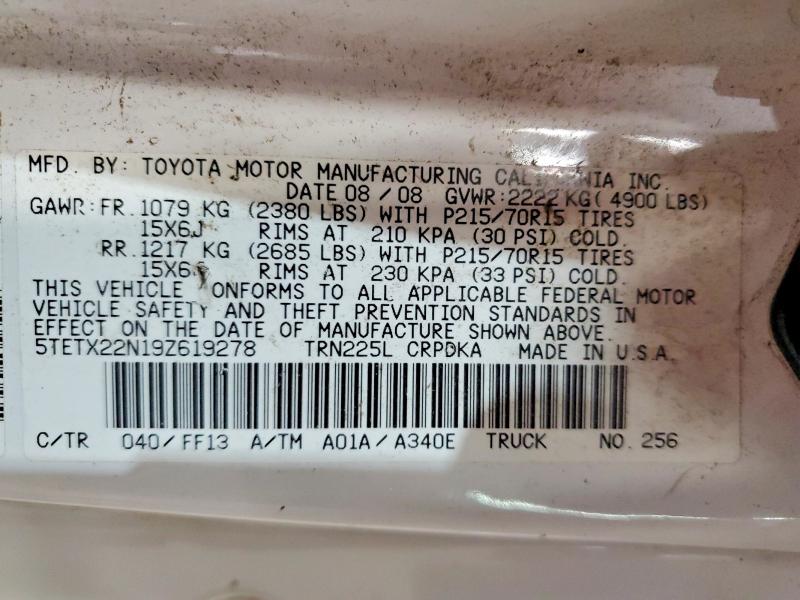 2009 Toyota Tacoma მანქანა იყიდება აუქციონზე, vin: 5TETX22N19Z619278, აუქციონის ნომერი: 64254156