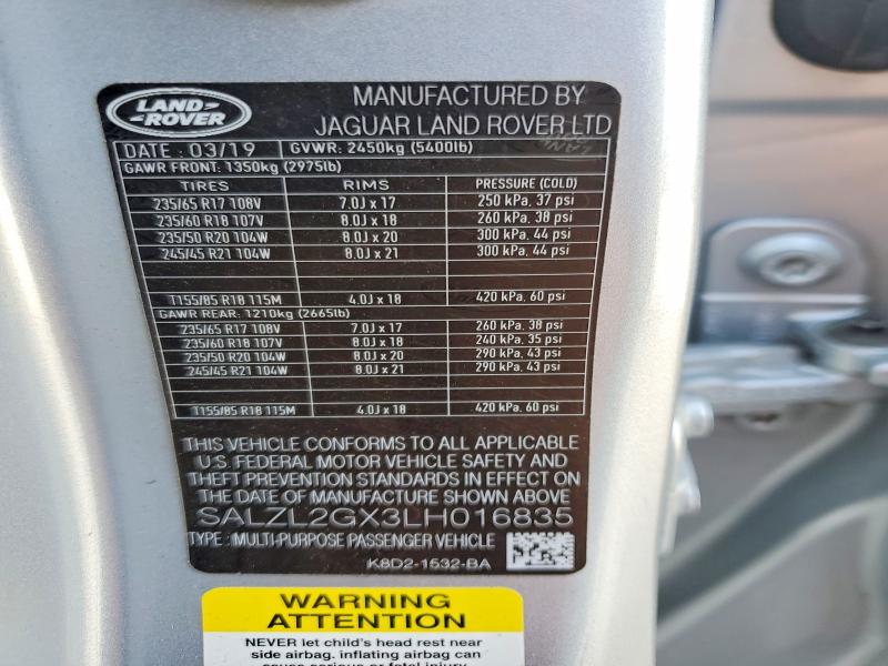 65498076 :رقم المزاد ، SALZL2GX3LH016835 vin ، 2020 Land Rover Range Rover Evoque مزاد بيع