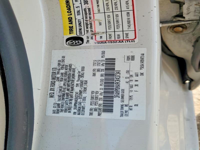 63707056 :رقم المزاد ، 3FAHP0HA9CR437341 vin ، 2012 Ford Fusion مزاد بيع