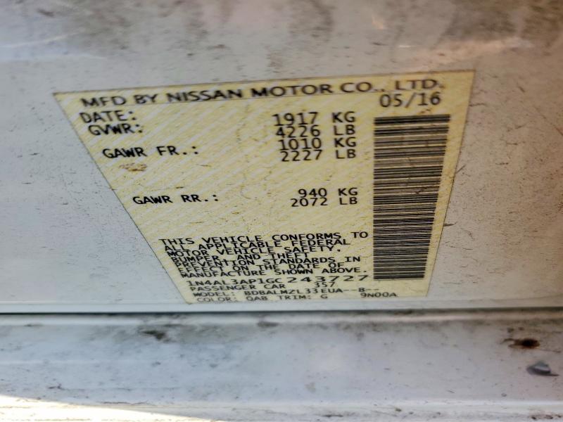 2016 Nissan Altima მანქანა იყიდება აუქციონზე, vin: 1N4AL3AP1GC243727, აუქციონის ნომერი: 66575156