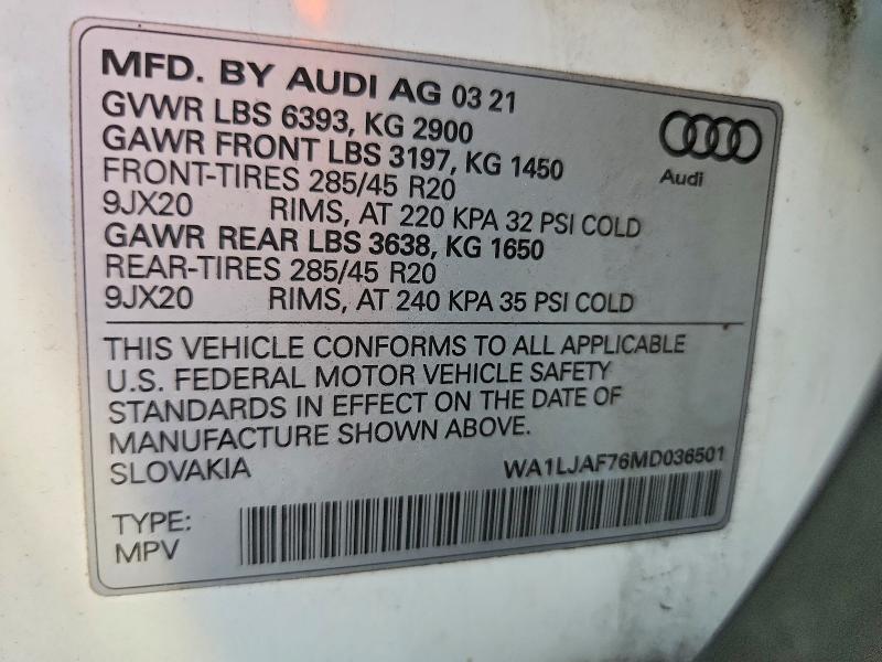 Aukcja sprzedaży 2021 Audi Q7, vin: WA1LJAF76MD036501, numer aukcji: 65637016