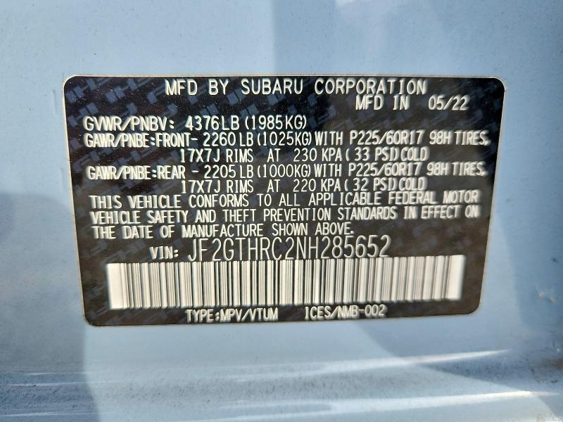 Aukcja sprzedaży 2022 Subaru Crosstrek, vin: JF2GTHRC2NH285652, numer aukcji: 64617066