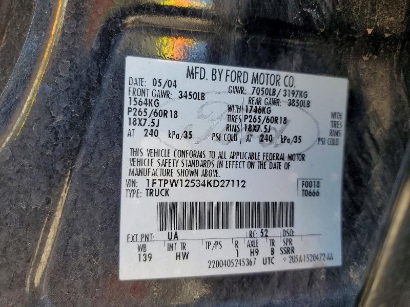 Aukcja sprzedaży 2004 Ford F150, vin: 1FTPW12534KD27112, numer aukcji: 61452196