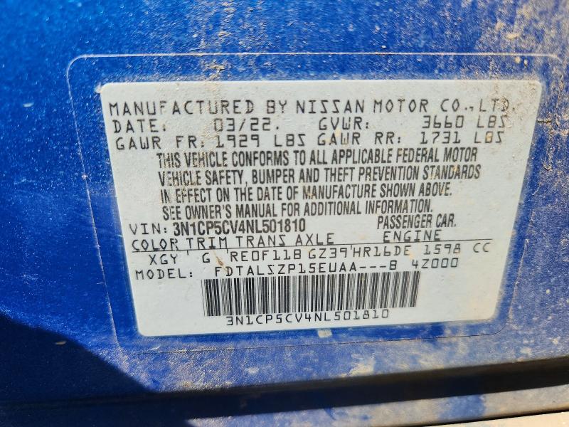 2022 Nissan Kicks მანქანა იყიდება აუქციონზე, vin: 3N1CP5CV4NL501810, აუქციონის ნომერი: 65848976