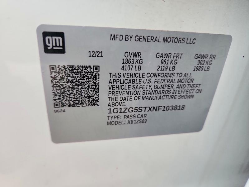 Продажа на аукционе авто 2022 Chevrolet Malibu, vin: 1G1ZG5STXNF103818, номер лота: 64376076