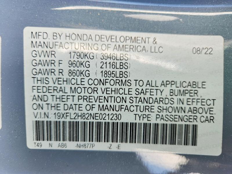 64435526 :رقم المزاد ، 19XFL2H82NE021230 vin ، 2022 Honda Civic مزاد بيع