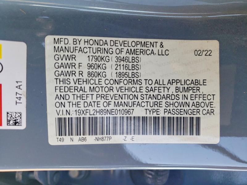 62467046 :رقم المزاد ، 19XFL2H89NE010967 vin ، 2022 Honda Civic مزاد بيع