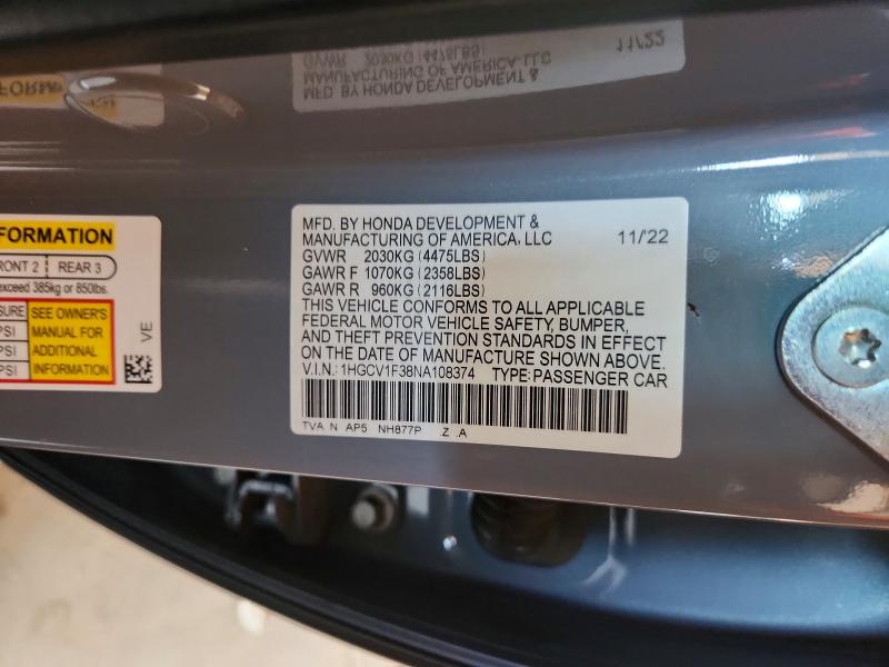 2022 Honda Accord მანქანა იყიდება აუქციონზე, vin: 1HGCV1F38NA108374, აუქციონის ნომერი: 63142056