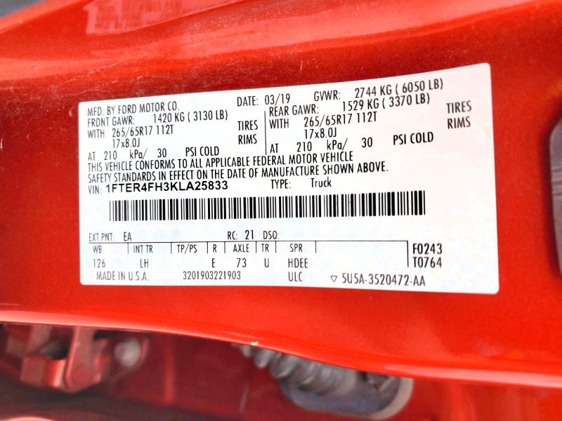 Продажа на аукционе авто 2019 Ford Ranger, vin: 1FTER4FH3KLA25833, номер лота: 63171826