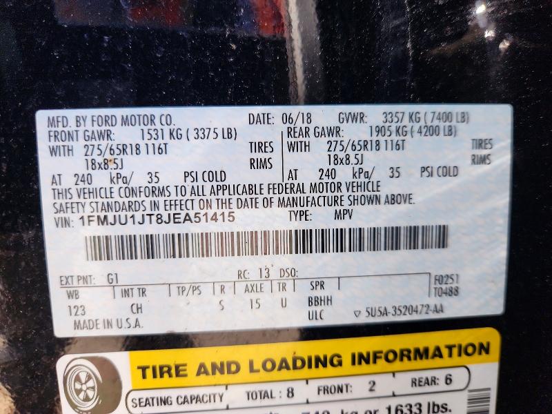 2018 Ford Expedition მანქანა იყიდება აუქციონზე, vin: 1FMJU1JT8JEA51415, აუქციონის ნომერი: 63541926
