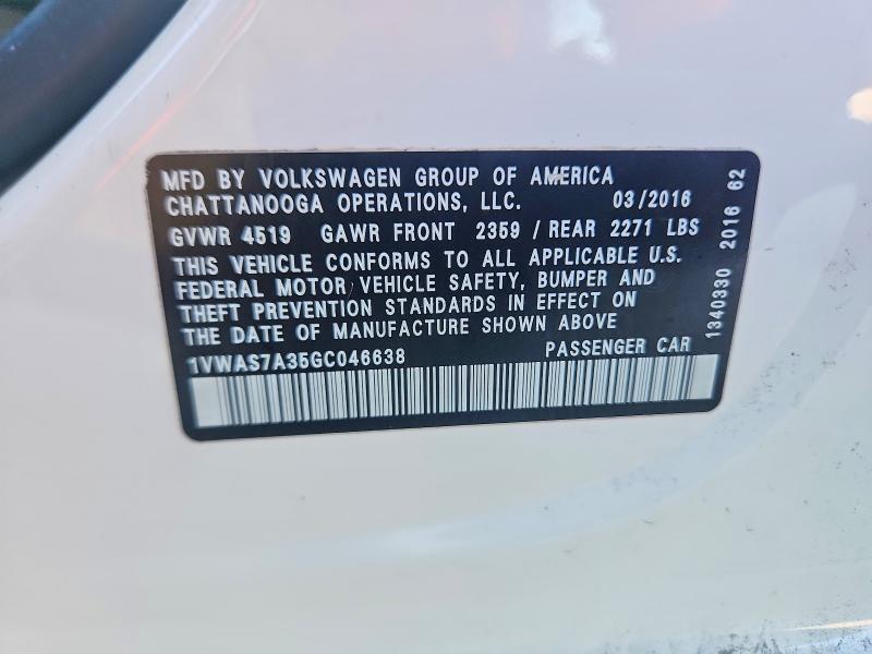 Aukcja sprzedaży 2016 Volkswagen Passat, vin: 1VWAS7A35GC046638, numer aukcji: 64807916