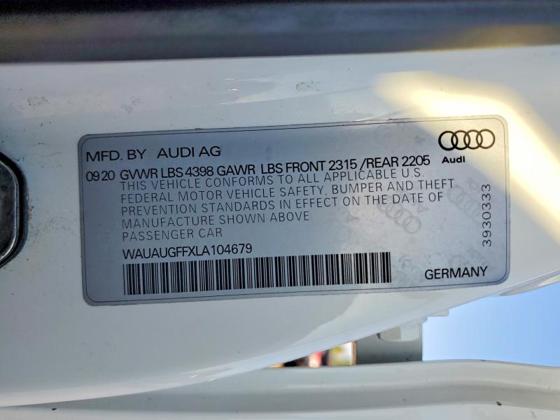 63934256 :رقم المزاد ، WAUAUGFFXLA104679 vin ، 2020 Audi A3 مزاد بيع