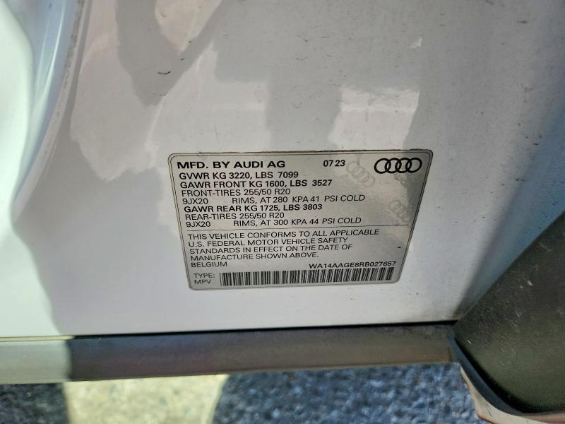 63729166 :رقم المزاد ، WA14AAGE8RB027657 vin ، 2024 Audi Q8 E-tron مزاد بيع