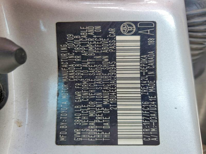2010 Toyota Corolla მანქანა იყიდება აუქციონზე, vin: 2T1BU4EE3AC290945, აუქციონის ნომერი: 64850536