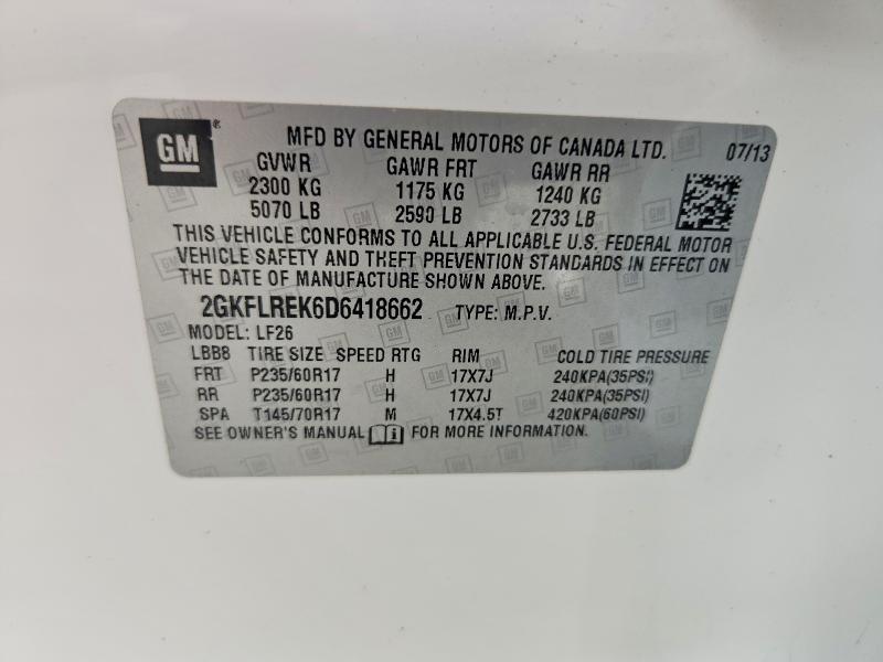 65391076 :رقم المزاد ، 2GKFLREK6D6418662 vin ، 2013 Gmc Terrain مزاد بيع