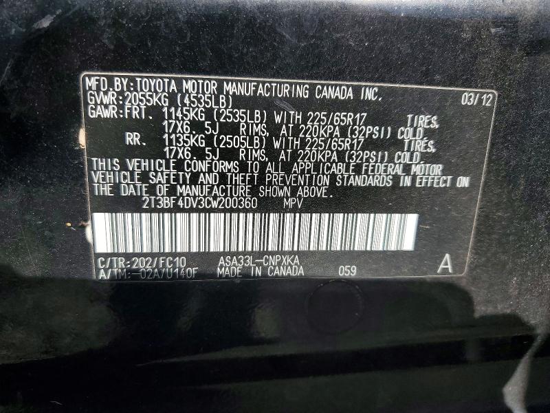 Продажа на аукционе авто 2012 Toyota Rav4, vin: 2T3BF4DV3CW200360, номер лота: 64991446