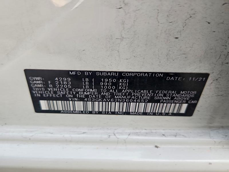 65947646 :رقم المزاد ، 4S3GKAV62N3604652 vin ، 2022 Subaru Impreza مزاد بيع
